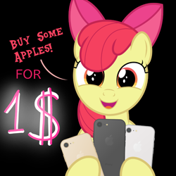 Size: 800x800 | Tagged: safe, artist:devfield, edit, character:apple bloom, species:earth pony, species:pony, accessories, adorabloom, apple (company), apple bloom's bow, bow, bust, buy some apples, cellphone, cute, dialogue, female, filly, foal, hair bow, head tilt, holding, hoof hold, iphone, ipony, looking at you, open mouth, phone, product placement, pun, simple background, smartphone, smiling, smiling at you, solo, technology, text, transparent background, visual gag