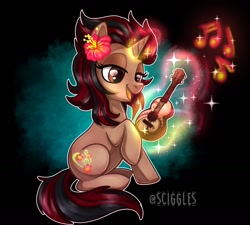 Size: 1280x1154 | Tagged: safe, artist:sciggles, oc, oc:missmele, species:pony, species:unicorn, abstract background, female, glowing horn, horn, magic, mare, musical instrument, open mouth, sitting, ukulele