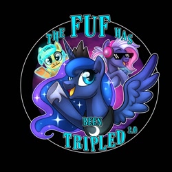 Size: 1280x1280 | Tagged: safe, artist:sciggles, character:princess luna, oc, oc:bit rate, oc:neural net, species:alicorn, species:pegasus, species:pony, crossing the memes, deal with it, female, fuf, headphones, mare, meme, shrug, the fun has been doubled