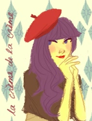 Size: 685x900 | Tagged: safe, artist:emmy, character:rarity, beatnik rarity, beret, clothing, female, french, hat, humanized, solo
