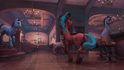 Size: 1920x1080 | Tagged: safe, artist:cannibalus, species:earth pony, species:pony, species:unicorn, alcohol, bar stool, chandelier, equal cutie mark, indoors, liquor, painting, tail wrap