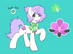Size: 1604x1191 | Tagged: safe, artist:orchidpony, oc, oc only, oc:orchid, species:pony, species:unicorn, clothing, cutie mark, female, flower pony, mare, reference sheet, scarf, simple background, solo