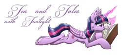 Size: 1280x577 | Tagged: safe, artist:ravvij, character:twilight sparkle, character:twilight sparkle (alicorn), species:alicorn, species:pony, adorkable, book, cup, cute, cutie mark, dork, drinking, fancy, female, food, fur, hooves, horn, magic, mare, moon, reading, simple background, sipping, solo, tea, teacup, text, transparent background, wings