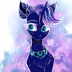 Size: 1280x1280 | Tagged: safe, artist:livitoza, character:princess luna, species:alicorn, species:pony, :/, abstract background, bust, female, horn, jewelry, mare, necklace, portrait, sketch, solo