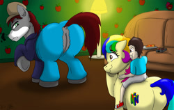 Size: 1500x949 | Tagged: safe, artist:cactuscowboydan, commissioner:bigonionbean, writer:bigonionbean, oc, oc:khaki-cap, oc:rainbow tashie, species:earth pony, species:human, species:pony, apple pinkie, butt, child, clothing, couch, earth pony oc, embarrassed, extra thicc, female, flank, food, funny, hat, hilarious, hoodie, human oc, jean thicc, male, mare, misleading thumbnail, nintendo 64, pants, plot, riding, riding a pony, ripped pants, snorting, stallion, stifling laughter, thicc ass, wallpaper