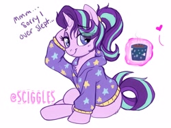 Size: 4000x3000 | Tagged: safe, artist:sciggles, character:starlight glimmer, species:pony, species:unicorn, alternate hairstyle, chest fluff, clothes swap, clothing, coffee, coffee mug, dialogue, female, floating heart, heart, high res, hoodie, implied lesbian, implied shipping, implied startrix, magic, magic aura, mare, morning ponies, mug, offscreen character, ponytail, simple background, solo, white background