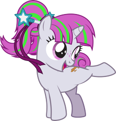 Size: 2168x2257 | Tagged: safe, alternate version, artist:lightning stripe, derpibooru original, edit, oc, oc:zippi, species:pony, species:unicorn, accessory-less edit, active stretch, commission, cute, cutie mark, female, filly, foal, freckles, gymnastics, hair bun, hairband, hairpin, horn, missing accessory, one leg raised, pink eyes, pink mane, ponytail, ribbon, show accurate, simple background, smiling, solo, tail bun, transparent background, vector, wand, white coat
