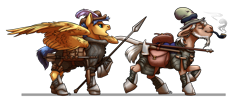 Size: 3417x1393 | Tagged: safe, artist:gonedreamer, character:flash sentry, character:mr. greenhooves, species:earth pony, species:pegasus, species:pony, armor, armored legs, axe, bag, clothing, gambeson, mace, pipe, scythe, shoes, simple background, smoking, spear, transparent background, weapon
