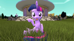 Size: 1280x720 | Tagged: safe, artist:mrm, character:twilight sparkle, character:twilight sparkle (alicorn), species:alicorn, species:pony, 3d, blep, cute, female, grass, looking at you, mare, ponyville, sitting, source filmmaker, tongue out, twiabetes