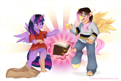 Size: 1250x833 | Tagged: safe, artist:thenornonthego, character:fluttershy, character:twilight sparkle, character:twilight sparkle (alicorn), oc, oc:acesential, species:alicorn, species:human, species:pegasus, species:pony, book, clothing, glasses, human to pony, jumper, one eye closed, open mouth, pants, polo shirt, ripping clothes, transformation, wink