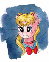 Size: 3062x3828 | Tagged: safe, artist:lightisanasshole, oc, species:earth pony, species:pony, bangs, bow, bust, clothing, concerned, ear piercing, earring, jewelry, meme, necklace, piercing, ponified, ponytail, sailor moon, sailor moon redraw meme, serena tsukino, solo, traditional art, uniform, watercolor painting