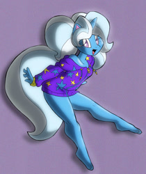 Size: 840x1000 | Tagged: safe, artist:theburningdonut, gameloft, character:trixie, species:anthro, species:plantigrade anthro, species:pony, species:unicorn, babysitter trixie, clothing, fangs, female, legs, mare, pigtails, solo, sweater, twintails
