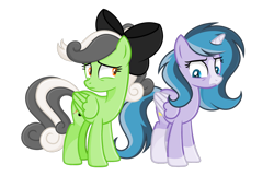 Size: 1024x658 | Tagged: safe, artist:sapphiretwinkle, oc, oc only, oc:glitter sparkles, oc:ivy whistle, species:alicorn, species:pegasus, species:pony, bow, female, frown, hair bow, mare, simple background, transparent background