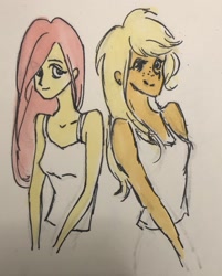 Size: 1646x2046 | Tagged: safe, artist:laya-21, character:applejack, character:fluttershy, ship:appleshy, my little pony:equestria girls, female, lesbian, shipping, traditional art