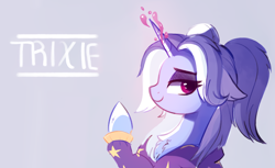 Size: 1600x981 | Tagged: safe, artist:aureai, character:trixie, species:pony, species:unicorn, alternate hairstyle, babysitter trixie, bust, chest fluff, clothing, cute, diatrixes, ear fluff, female, floppy ears, gameloft interpretation, happy, hoodie, lidded eyes, looking back, magic, magic aura, mare, pigtails, profile, raised hoof, simple background, smiling, solo, twintails