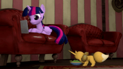 Size: 1280x720 | Tagged: safe, artist:mrm, character:twilight sparkle, character:twilight sparkle (alicorn), species:alicorn, species:pony, 3d, aivo, animated, avo, book, couch, crossover, cute, eevee, eyes closed, female, fifteen.ai, giggling, mare, pokémon, prone, smiling, sound, source filmmaker, webm