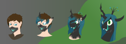 Size: 7016x2480 | Tagged: safe, artist:settop, character:queen chrysalis, species:changeling, species:human, species:pony, face mask, female, head only, human to changeling, male to female, mare, one eye closed, open mouth, rule 63, tongue out, transformation, transformation sequence, transgender transformation