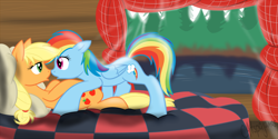 Size: 1280x640 | Tagged: safe, artist:calicopikachu, character:applejack, character:rainbow dash, species:pony, ship:appledash, bed, female, lesbian, mare, shipping