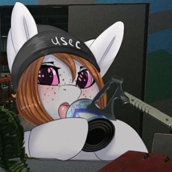Size: 394x394 | Tagged: safe, artist:nording34, oc, oc:kumikoshy, beanie, blushing, clothing, condensed milk, escape from tarkov, hat, hatchet, milk, tongue out, usec, video game