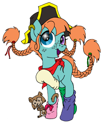 Size: 990x1203 | Tagged: safe, artist:inkwell, species:earth pony, species:pony, clothing, crossover, freckles, heterochromia, monkey, pigtails, pippi longstocking, ponified, simple background, socks, solo, transparent background