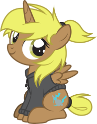 Size: 1589x2042 | Tagged: safe, artist:lightning stripe, derpibooru original, oc, oc:storm cloud, species:alicorn, species:pony, brown coat, clothing, commission, cute, cutie mark, female, filly, foal, hoodie, horn, messy mane, ponytail, show accurate, simple background, sitting, solo, tail bun, transparent background, vector, wings, yellow eyes, yellow hair, yellow mane