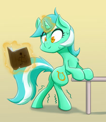 Size: 854x976 | Tagged: safe, artist:ikarooz, character:lyra heartstrings, species:pony, species:unicorn, newbie artist training grounds, atg 2020, bipedal, book, chest fluff, female, magic, mare, solo, standing, sweat, table, telekinesis, that pony sure does love humans, trembling