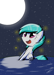 Size: 1586x2176 | Tagged: safe, artist:therandomjoyrider, oc, oc:cotton heart, species:pegasus, species:pony, cute, firefly, insect, lake, moon, night, pegasus oc, stars, water, wings