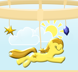 Size: 3250x3000 | Tagged: safe, artist:devfield, oc, oc:golden star, species:earth pony, species:pony, newbie artist training grounds, atg 2020, cloud, cutie mark, eyes closed, female, gemstones, mare, mobile, smiling, solo, stars, sticker, string, sun, suspended, two toned mane, two toned tail, wallpaper