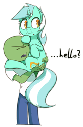 Size: 767x1169 | Tagged: safe, artist:ikarooz, character:lyra heartstrings, oc, oc:anon, species:human, species:pony, species:unicorn, newbie artist training grounds, atg 2020, carrying, cellphone, cheek squish, chest fluff, crumbs, dialogue, duo, female, holding a pony, mare, phone, pony pet, simple background, squishy cheeks, that pony sure does love humans, transparent background