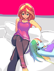 Size: 1195x1574 | Tagged: safe, artist:ceitama, character:rainbow dash, character:sunset shimmer, my little pony:equestria girls, bed, bedroom eyes, crossed legs, duo, female, looking at you, lying on bed, on back, on bed, sitting