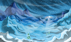 Size: 2500x1500 | Tagged: safe, artist:skunk bunk, oc, oc only, oc:ithaqua, species:pony, detailed background, glowing eyes, moon, mountain, night, scenery, siege of the crystal empire, snow, snowfall, tree, valley, wind