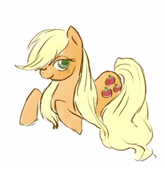 Size: 2744x2849 | Tagged: safe, artist:laya-21, character:applejack, species:earth pony, species:pony, alternate hairstyle, colored pupils, cute, female, freckles, hatless, jackabetes, loose hair, mare, missing accessory, one eye closed, prone, simple background, solo, white background
