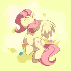 Size: 3500x3500 | Tagged: safe, artist:drtuo4, character:fluttershy, species:pegasus, species:pony, cute, eyes closed, female, high res, mare, shyabetes, simple background, solo, yellow background
