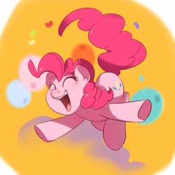 Size: 3034x3034 | Tagged: safe, artist:drtuo4, character:pinkie pie, species:earth pony, species:pony, balloon, confetti, cute, diapinkes, ear fluff, eyes closed, female, high res, mare, open mouth, orange background, simple background, solo