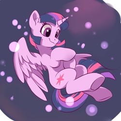 Size: 3063x3063 | Tagged: safe, artist:drtuo4, character:twilight sparkle, character:twilight sparkle (alicorn), species:alicorn, species:pony, cute, ear fluff, female, high res, mare, neck fluff, purple background, simple background, smiling, solo, spread wings, twiabetes, wings