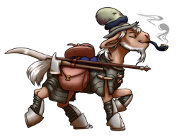 Size: 1280x988 | Tagged: safe, artist:gonedreamer, edit, character:mr. greenhooves, armored legs, axe, bag, clothing, cropped, hat, male, pipe, scythe, shoes, simple background, smoking, solo, transparent background, weapon