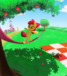 Size: 1571x1800 | Tagged: safe, artist:ikarooz, character:apple bloom, character:applejack, species:earth pony, species:pony, newbie artist training grounds, adorabloom, apple, apple tree, atg 2020, balancing, bipedal, blank flank, cute, female, filly, mare, picnic blanket, rope, summer, sweet apple acres, tightrope, tree, tree branch