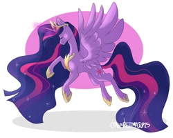 Size: 1024x820 | Tagged: safe, artist:canisrettmajoris, character:twilight sparkle, character:twilight sparkle (alicorn), species:alicorn, species:pony, episode:the last problem, g4, my little pony: friendship is magic, crown, eyes closed, female, glowing horn, hoof shoes, horn, jewelry, mare, older, peytral, princess twilight 2.0, regalia, signature, smiling, solo, spread wings, wings