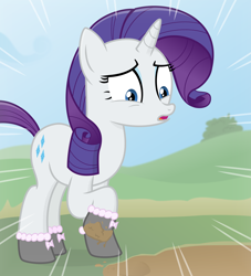 Size: 2900x3200 | Tagged: safe, artist:devfield, character:rarity, species:pony, species:unicorn, newbie artist training grounds, atg 2020, bush, clothing, cloud, female, grass, hill, mare, marshmelodrama, motion lines, mud, muddy, rarity being rarity, ribbon, shadow, shocked, shocked expression, shoes, show accurate, sky, solo, this will end in tears