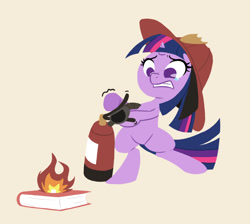 Size: 1196x1074 | Tagged: safe, artist:ikarooz, character:twilight sparkle, character:twilight sparkle (unicorn), species:pony, species:unicorn, newbie artist training grounds, atg 2020, bipedal, book, clothing, crying, female, filly, filly twilight sparkle, fire, fire extinguisher, firefighter, firefighter helmet, firefighter twilight, hat, helmet, hoof hold, mare, no pupils, on fire, solo, teary eyes, that pony sure does love books, younger