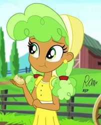 Size: 850x1050 | Tagged: safe, artist:rjp.rammy, character:apple brown betty, my little pony:equestria girls, apple brown betty (food), apple family member, barn, clothing, dress, ear piercing, earring, eating, equestria girls-ified, farm, female, food, hat, jewelry, piercing, solo