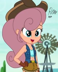 Size: 850x1050 | Tagged: safe, artist:rjp.rammy, my little pony:equestria girls, belly button, belt, clothing, cowboy, cowboy hat, cowgirl, denim, equestria girls-ified, female, front knot midriff, gloves, hat, midriff, open mouth, short shirt, shorts, sleeveless, solo, stetson, vest, wildwood flower, windmill