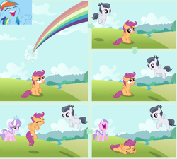 Size: 1876x1688 | Tagged: safe, artist:adcoon, edit, editor:scootabuser, character:diamond tiara, character:rainbow dash, character:rumble, character:scootaloo, species:pegasus, species:pony, bully, bullying, cropped, flying, op is a duck