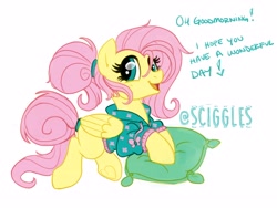 Size: 4000x3000 | Tagged: safe, artist:sciggles, character:fluttershy, species:pegasus, species:pony, alternate hairstyle, clothing, cute, dialogue, eye shimmer, female, frog (hoof), good morning, heart, hoodie, hoof heart, looking at you, mare, open mouth, pillow, ponytail, shyabetes, simple background, smiling, smiling at you, solo, sweater, underhoof, white background