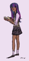 Size: 379x799 | Tagged: safe, artist:emmy, character:twilight sparkle, species:human, clothing, dark skin, humanized, simple background, skinny, skirt