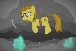 Size: 3000x2000 | Tagged: safe, artist:devfield, oc, oc:golden star, species:earth pony, species:pony, newbie artist training grounds, atg 2020, bone, cave, chisel, crystal, female, glow, harness, mare, mouth hold, pickaxe, rope, show accurate, skull, smug, solo, tack, teeth, tools, two toned mane, two toned tail, vignette