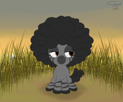 Size: 6000x5000 | Tagged: safe, artist:skunk bunk, oc, oc only, species:zebra, afro, brown eyes, clearing, cute, detailed background, female, field, filly, foal, grass, hooves, sitting, smiling, smirk, smug, solo, stripes, sun, zebra oc