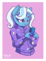 Size: 2880x3840 | Tagged: safe, artist:danli69, gameloft, character:trixie, species:anthro, species:unicorn, alternate hairstyle, babysitter trixie, cellphone, clothing, ear fluff, female, gameloft interpretation, hoodie, jacket, mare, phone, pigtails, pink background, simple background, smartphone, smiling, solo, twintails