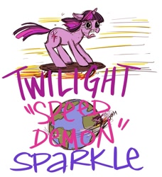 Size: 821x900 | Tagged: safe, artist:emmy, character:twilight sparkle, character:twilight sparkle (unicorn), species:pony, species:unicorn, earth, female, mare, open mouth, skateboard, solo