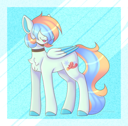 Size: 3102x3065 | Tagged: safe, artist:tuzz-arts, oc, oc only, oc:cool ginger, species:pegasus, species:pony, blue background, chest fluff, choker, colored hooves, colored wings, femboy, hair over eyes, lipstick, male, multicolored hair, nonbinary, simple background, solo, tongue out, wings